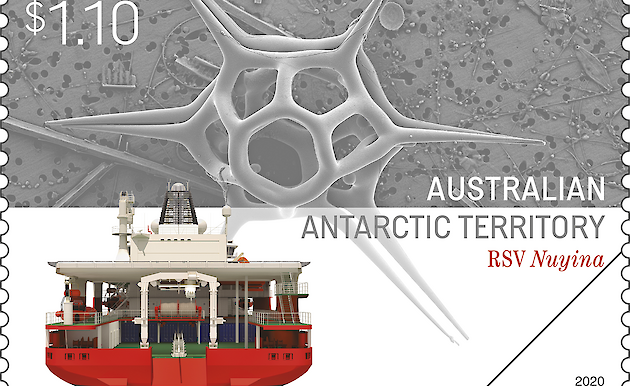 The trawl deck of the ship with an illustration of a star-shaped silicoflagellate — a single-celled algae with a glassy skeleton - on a $1.10 stamp.