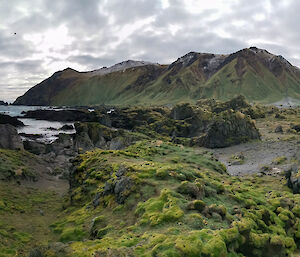 A panoramic shot showing the rise of the island and some beautiful rocky landscapes