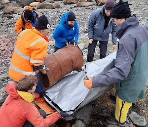 The fuel drum is loaded into the stretcher by keen members of the search and rescue team