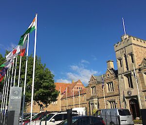 Building exterior with flags