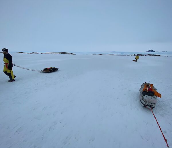 Expeditioners on the ice pulling sledges behind them attached with rope around their waists