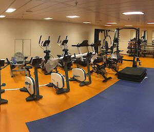 Exercise bikes and weigh lifting equipment in the Nuyina's gym.
