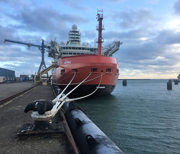 RSV Nuyina tied up at Damen Shipyards in Vlissingen in the Netherlands.