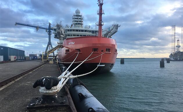 RSV Nuyina tied up at Damen Shipyards in Vlissingen in the Netherlands.