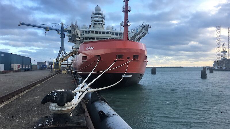 RSV Nuyina tied up at Damen Shipyards in Vlissingen in the Netherlands.