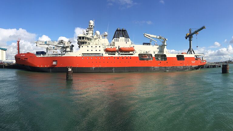 The port side length of the ship tied up at a wharf in the Netherlands.