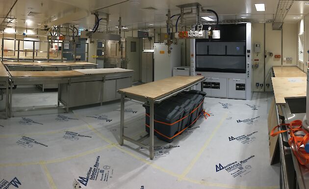 Lab benches and equipment in the wet lab on the Nuyina.