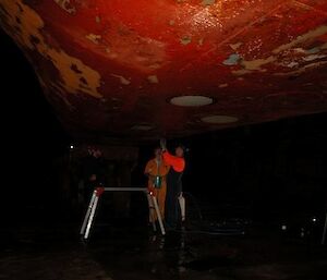 The underside of the Aurora in dry dock showing the echosounder transducers