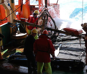 Retrieving rectangular midwater trawl nets from Southern Ocean