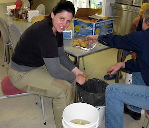 Melanie Pike peeling potatoes on slushy duty in the kitchen