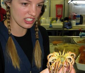 PhD student Helena Baird with a crinoid