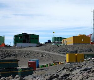 The new Davis living quarters (dark green building) under construction