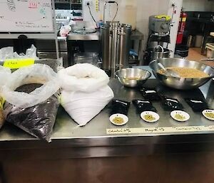 A kitchen bench displaying the brewing ingredients.