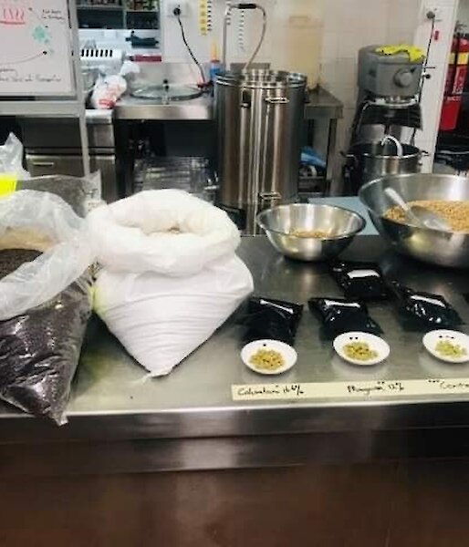 A kitchen bench displaying the brewing ingredients.