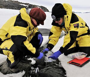 two woman use trowel to put mud in plastic bag, surrounded by snow