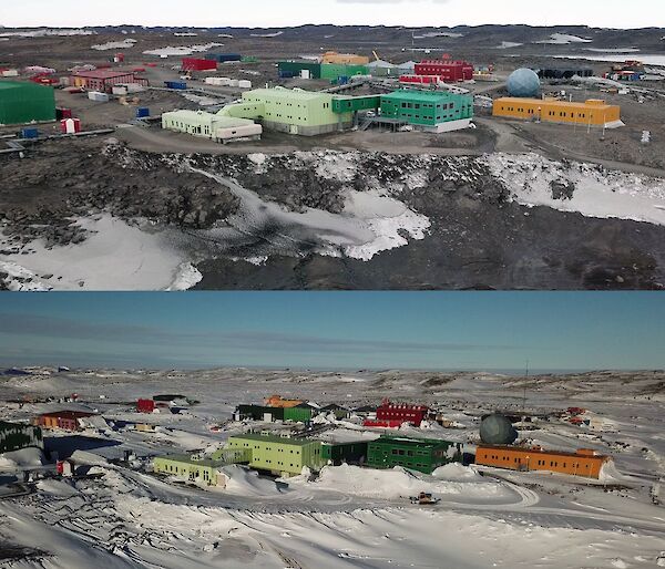 Two aerial photos of the colourful station buildings.  In one, the ground is covered in snow and in the other the snow has almost disappeared