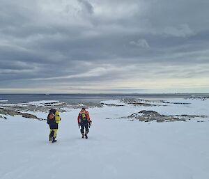 Two expeditioners in their survival gear hiking on snow.