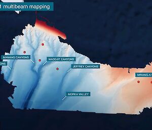 map of a number of virtual canyons under the Southern Ocean, with names