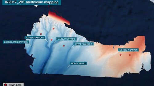 map of a number of virtual canyons under the Southern Ocean, with names