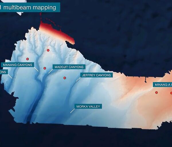 map of a number of virtual canyons under the Southern Ocean, with names