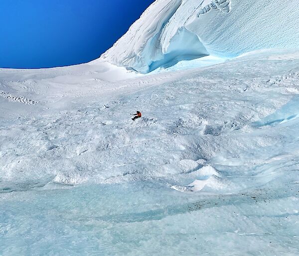 Ancient wall of ice scoured by winds. Expeditioner sits in the middle of shot far away in the distance