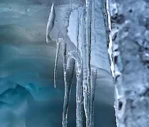 Icicles on an ice cave roof melting