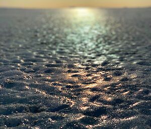 A close up shot looking across an expanse of frozen sea ice