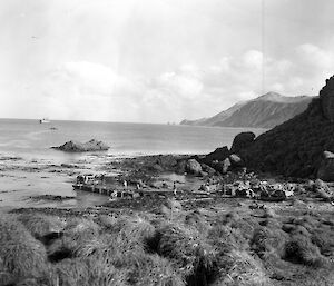 A black & white image of the wharf area, receiving materials for new station