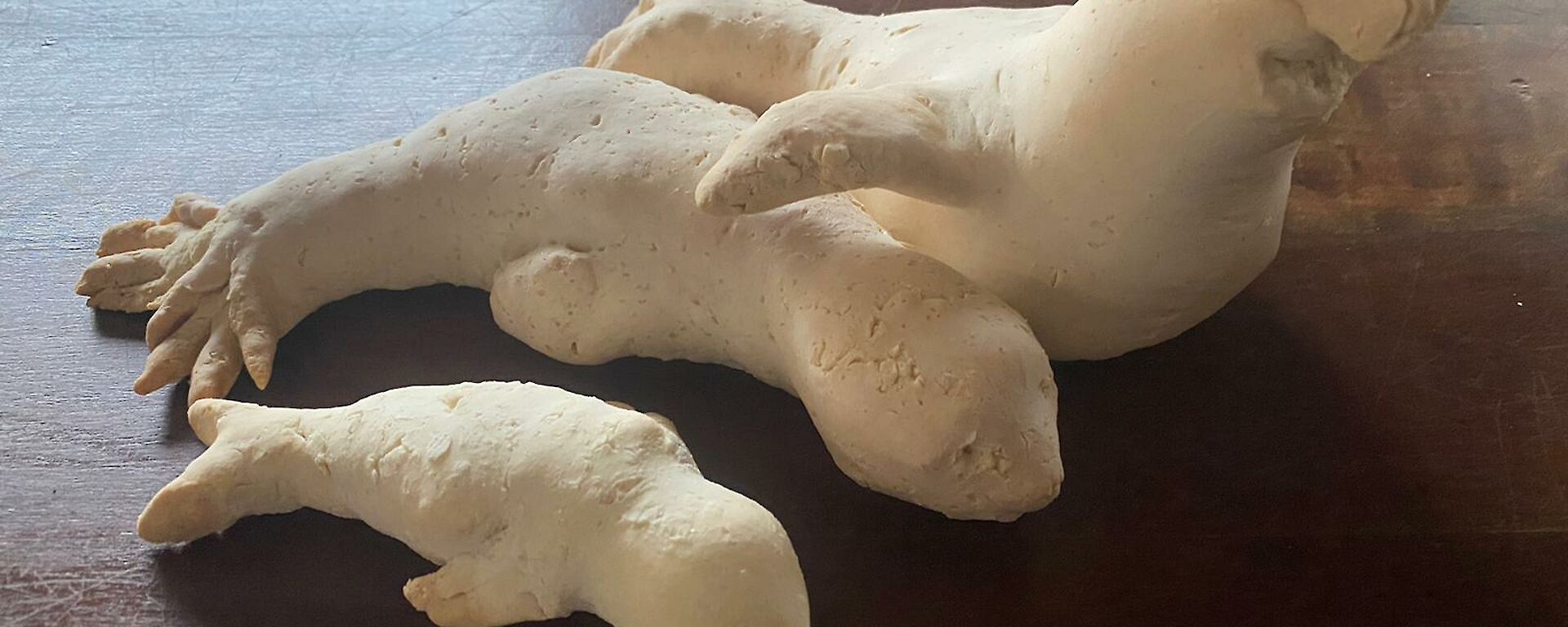 A father, mother and baby elephant seal made out of gingerbread dough