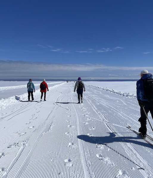 3 people walking. 1 person cross-country skiing. Groomed snow track. Blue skies. Ocean in the background.