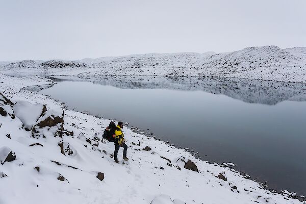 An expeditioner on a snowy bank looking across a lake
