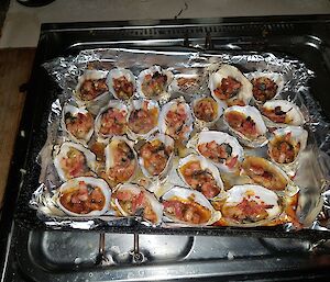 An oven tray of oysters with crispy bacon