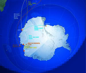Map of Antarctica with coloured flight and shipping lines