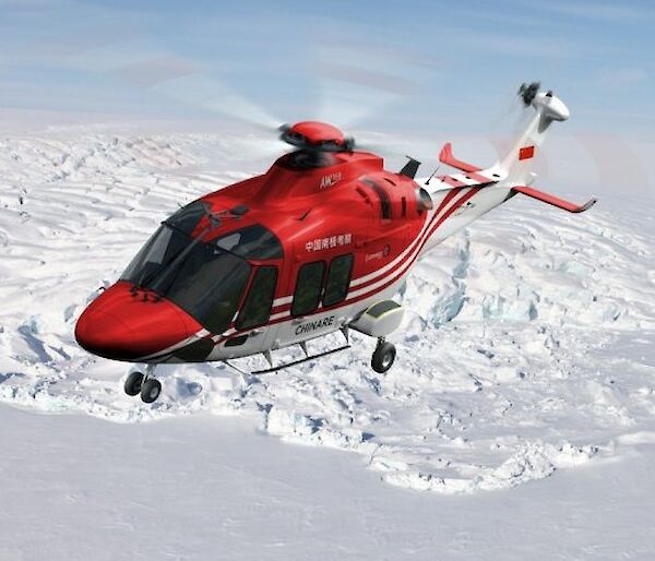 A red helicopter flying over a snow and ice covered landscape