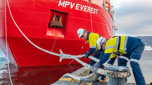 two men handle a rope attached to wharf and ship