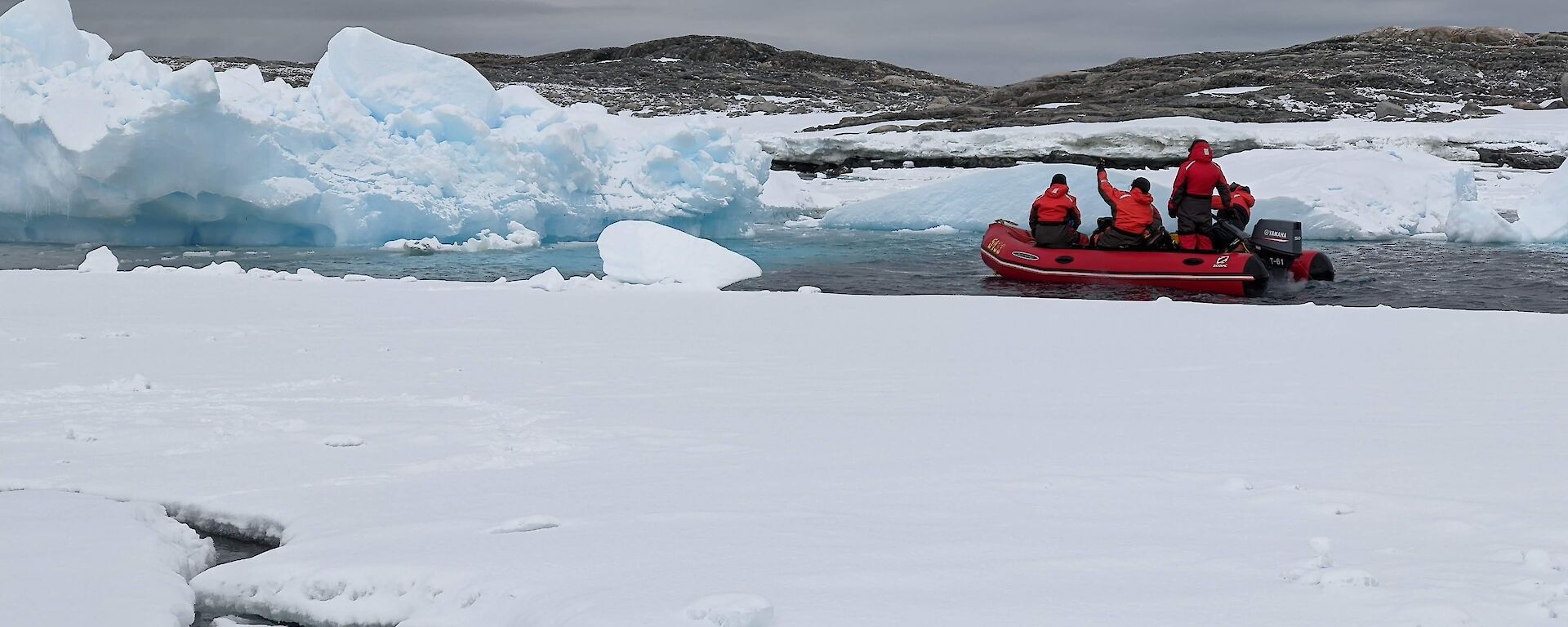 Four expeditioners in a dinghy on the icy water.  One expeditioner is waving to a bird in the sky.