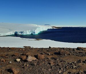 Rocky ground in foreground changing to icy sea cliffs meeting the sea against a clear blue sky