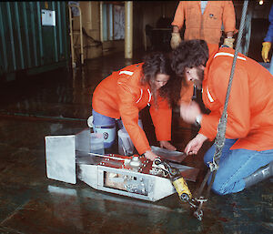 Retrieving the continuous plankton recorder on the trawl deck of the Aurora Australis