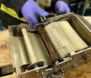 Loading the silk cassette into the Continuous Plankton Recorder