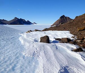 A snowy landscape with the peak of Mount Ward visible