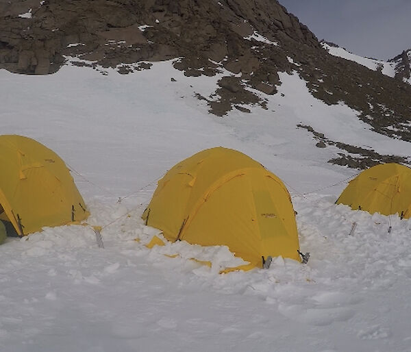 Four yellow tents in the snow at the base of the mountain