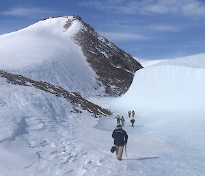 A group of expeditioners walking away from camera towards a snow mountain peak