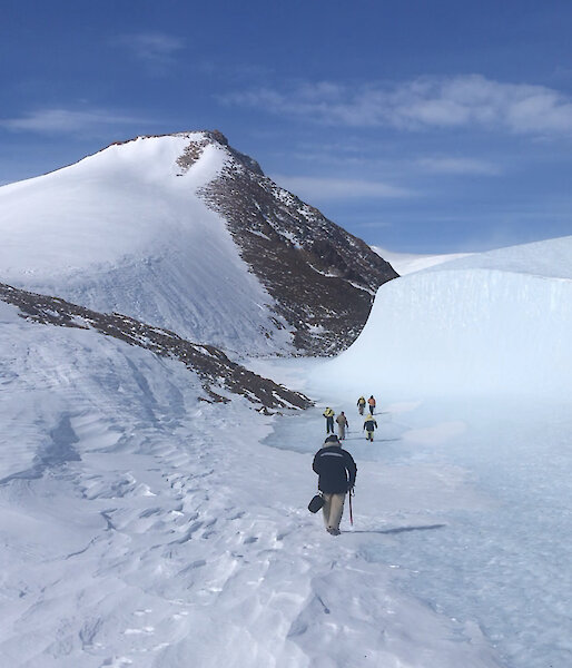 A group of expeditioners walking away from camera towards a snow mountain peak