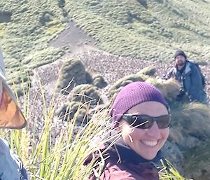 Mal, Finn and Arvid amongst the tussocks and royal penguins