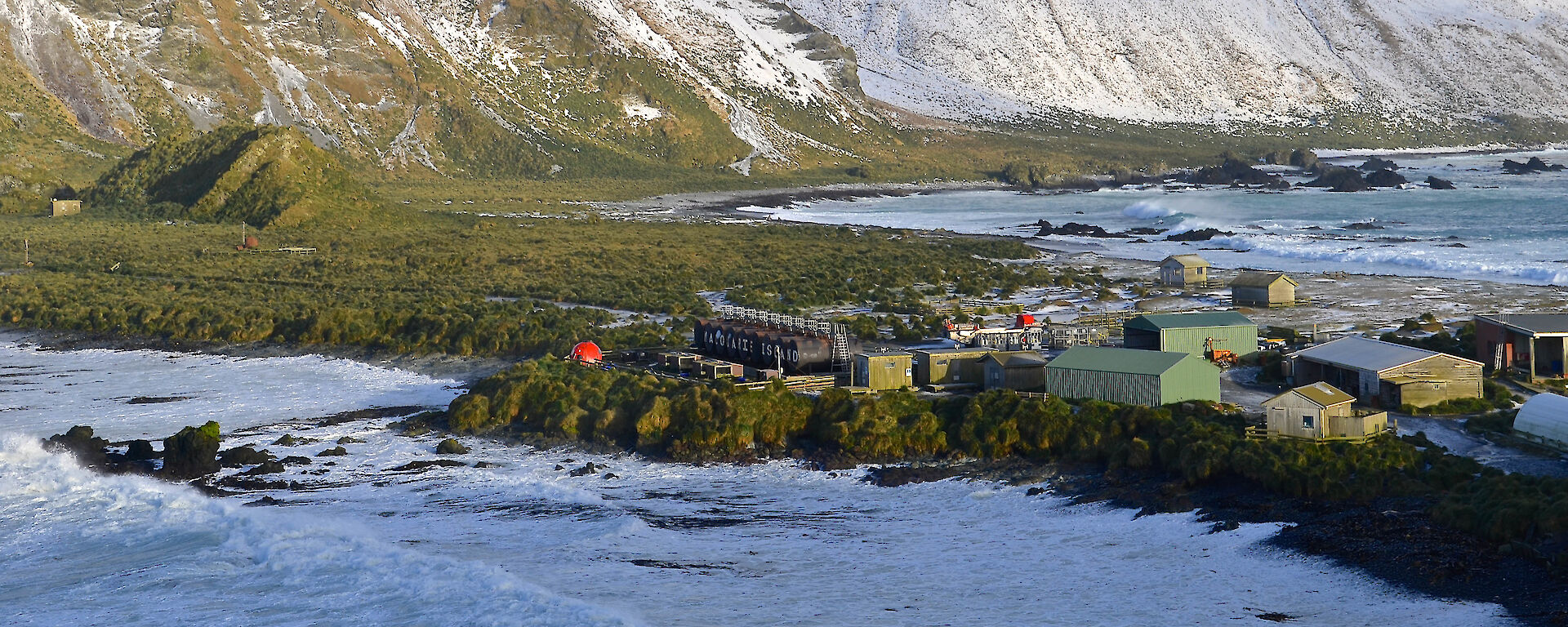 Buildings and snow on Macquarie Island