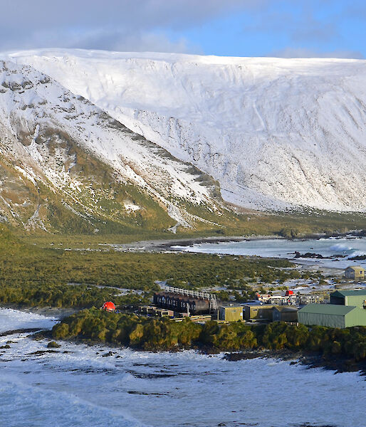 Buildings and snow on Macquarie Island