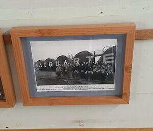 A black and white photo of the 2020-21 Macquarie Island expeditioners hanging on a wall next to a similar photo from the previous year.