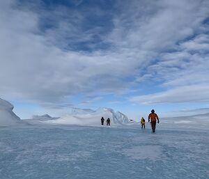 Four expeditioners walk away from camera over a frozen lake, towards some grounded icebergs