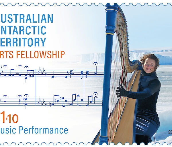 2021 stamp from Australian Antarctic Territory showing harpist on ice