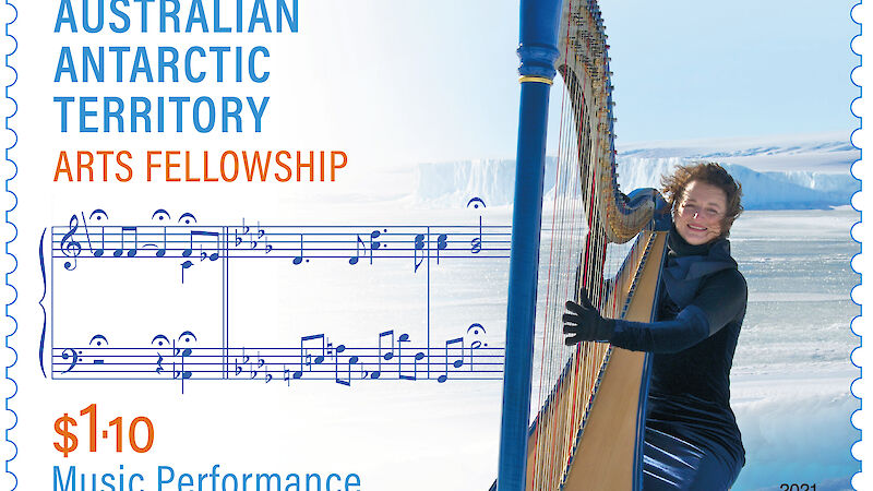 2021 stamp from Australian Antarctic Territory showing harpist on ice